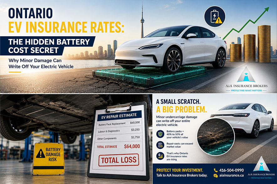 An electric car parked on a rural Ontario road with visible underside battery casing damage from road debris.