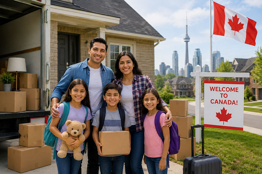 Family of four with two children and parents stands outside a moving truck with boxes and luggage; the kids hold a teddy bear and a cardboard box, while a Canadian flag and a 'Welcome to Canada' sign frame a skyline backdrop.