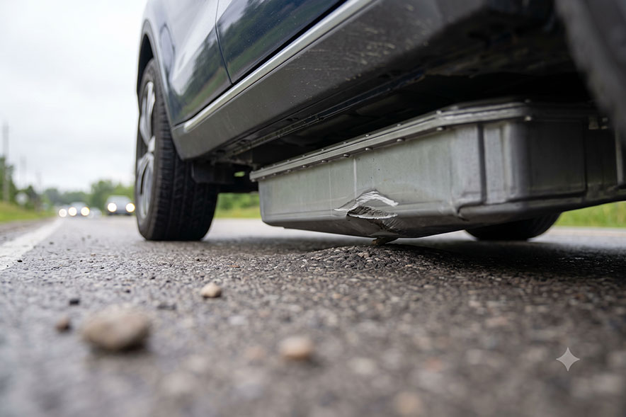 Close-up of a scratched and dented electric vehicle battery pack on an Ontario road, showing common causes for rising insurance rates.